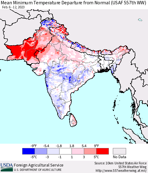 Southern Asia Mean Minimum Temperature Departure from Normal (USAF 557th WW) Thematic Map For 2/6/2023 - 2/12/2023