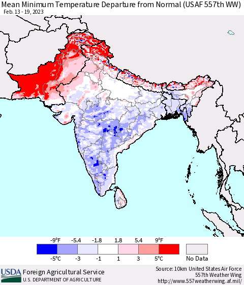 Southern Asia Mean Minimum Temperature Departure from Normal (USAF 557th WW) Thematic Map For 2/13/2023 - 2/19/2023