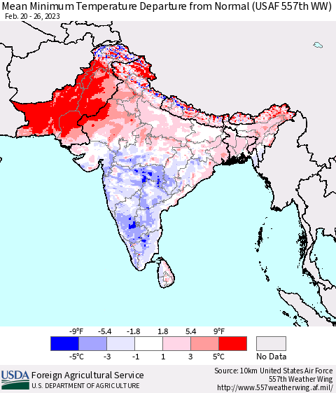 Southern Asia Mean Minimum Temperature Departure from Normal (USAF 557th WW) Thematic Map For 2/20/2023 - 2/26/2023