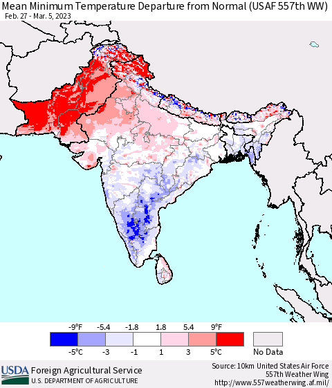 Southern Asia Mean Minimum Temperature Departure from Normal (USAF 557th WW) Thematic Map For 2/27/2023 - 3/5/2023