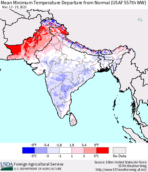 Southern Asia Mean Minimum Temperature Departure from Normal (USAF 557th WW) Thematic Map For 3/13/2023 - 3/19/2023