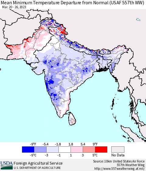 Southern Asia Mean Minimum Temperature Departure from Normal (USAF 557th WW) Thematic Map For 3/20/2023 - 3/26/2023