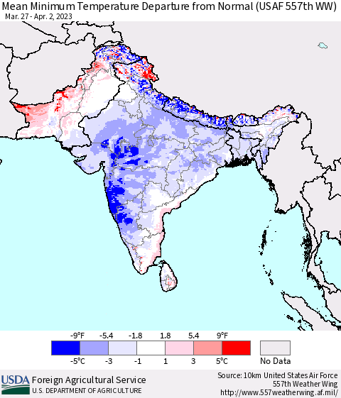 Southern Asia Mean Minimum Temperature Departure from Normal (USAF 557th WW) Thematic Map For 3/27/2023 - 4/2/2023
