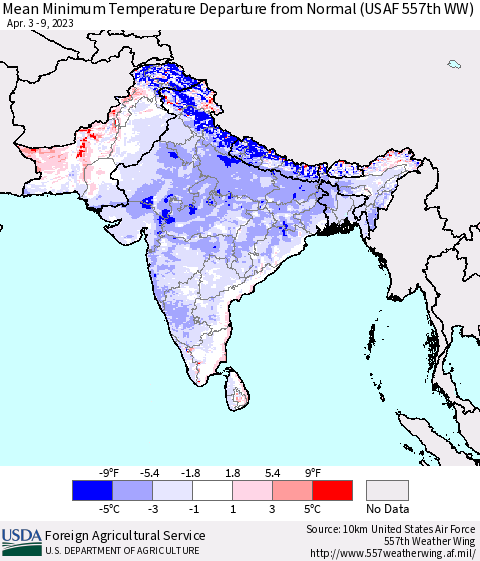 Southern Asia Mean Minimum Temperature Departure from Normal (USAF 557th WW) Thematic Map For 4/3/2023 - 4/9/2023