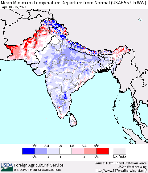 Southern Asia Mean Minimum Temperature Departure from Normal (USAF 557th WW) Thematic Map For 4/10/2023 - 4/16/2023