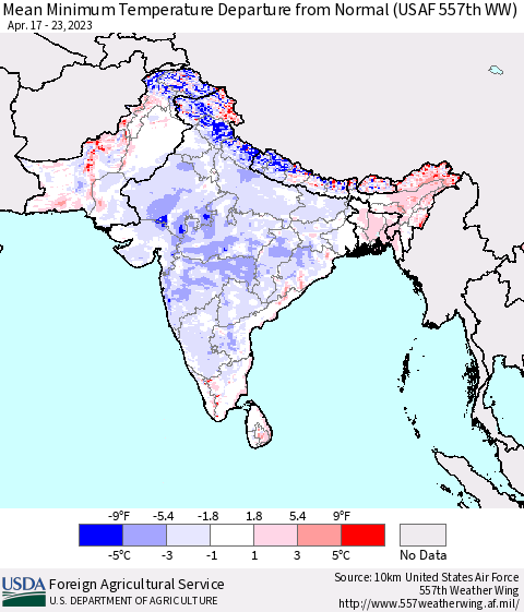 Southern Asia Mean Minimum Temperature Departure from Normal (USAF 557th WW) Thematic Map For 4/17/2023 - 4/23/2023