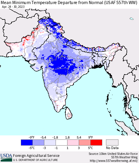 Southern Asia Mean Minimum Temperature Departure from Normal (USAF 557th WW) Thematic Map For 4/24/2023 - 4/30/2023