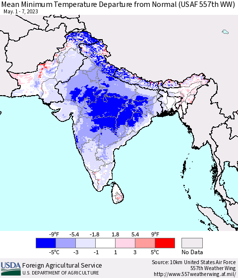 Southern Asia Mean Minimum Temperature Departure from Normal (USAF 557th WW) Thematic Map For 5/1/2023 - 5/7/2023