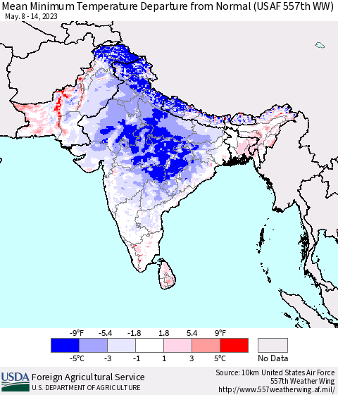 Southern Asia Mean Minimum Temperature Departure from Normal (USAF 557th WW) Thematic Map For 5/8/2023 - 5/14/2023