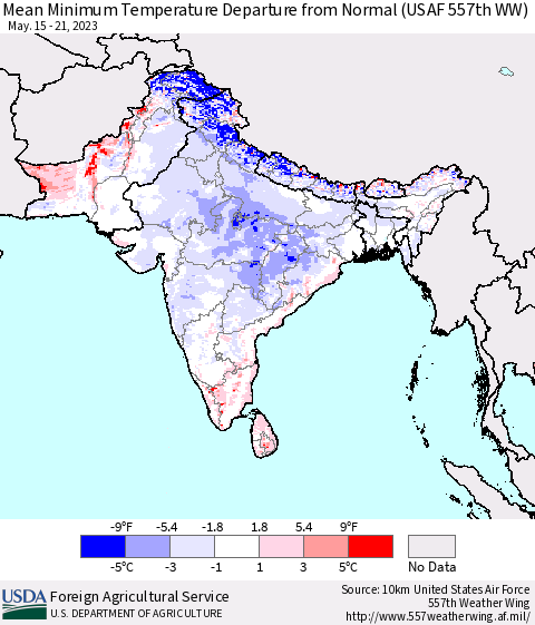 Southern Asia Mean Minimum Temperature Departure from Normal (USAF 557th WW) Thematic Map For 5/15/2023 - 5/21/2023