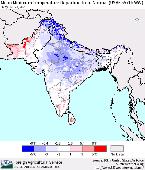 Southern Asia Mean Minimum Temperature Departure from Normal (USAF 557th WW) Thematic Map For 5/22/2023 - 5/28/2023
