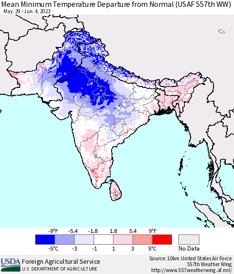 Southern Asia Mean Minimum Temperature Departure from Normal (USAF 557th WW) Thematic Map For 5/29/2023 - 6/4/2023