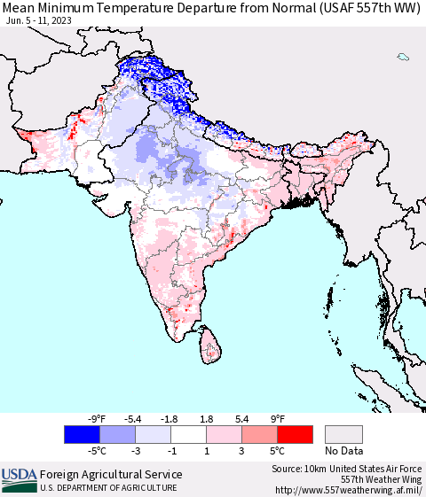 Southern Asia Mean Minimum Temperature Departure from Normal (USAF 557th WW) Thematic Map For 6/5/2023 - 6/11/2023