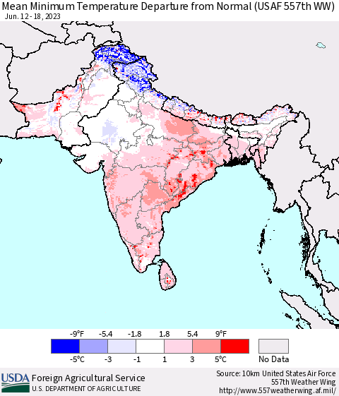 Southern Asia Mean Minimum Temperature Departure from Normal (USAF 557th WW) Thematic Map For 6/12/2023 - 6/18/2023