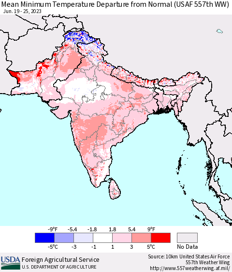 Southern Asia Mean Minimum Temperature Departure from Normal (USAF 557th WW) Thematic Map For 6/19/2023 - 6/25/2023