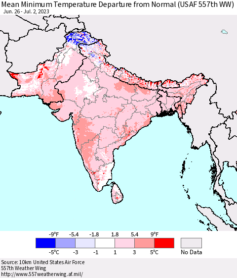 Southern Asia Mean Minimum Temperature Departure from Normal (USAF 557th WW) Thematic Map For 6/26/2023 - 7/2/2023