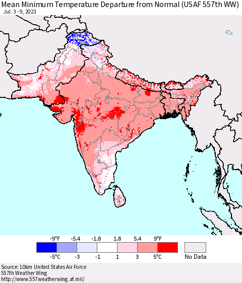 Southern Asia Mean Minimum Temperature Departure from Normal (USAF 557th WW) Thematic Map For 7/3/2023 - 7/9/2023