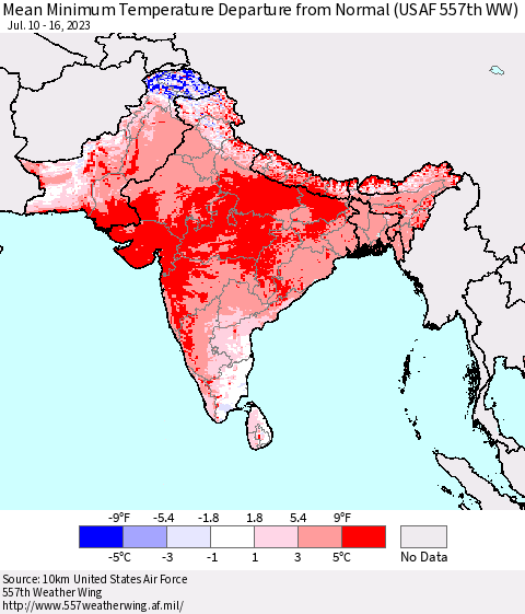 Southern Asia Mean Minimum Temperature Departure from Normal (USAF 557th WW) Thematic Map For 7/10/2023 - 7/16/2023