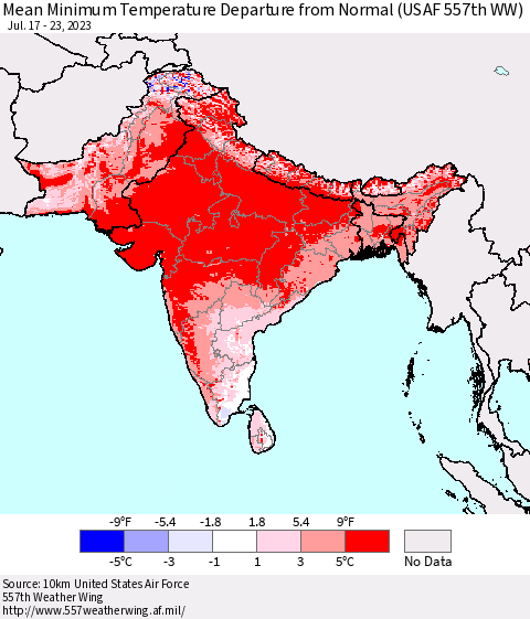 Southern Asia Mean Minimum Temperature Departure from Normal (USAF 557th WW) Thematic Map For 7/17/2023 - 7/23/2023