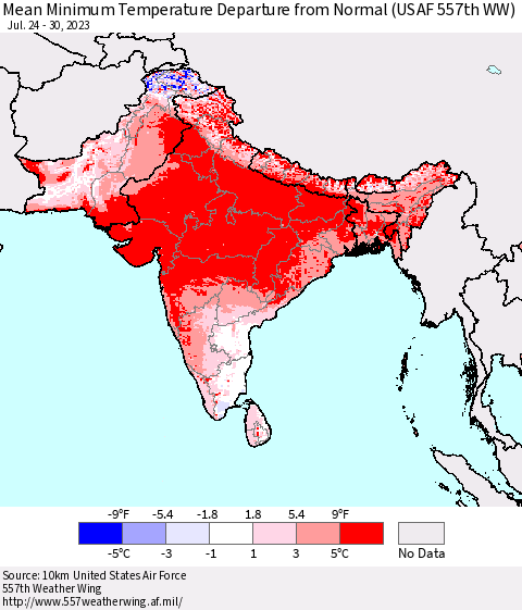 Southern Asia Mean Minimum Temperature Departure from Normal (USAF 557th WW) Thematic Map For 7/24/2023 - 7/30/2023