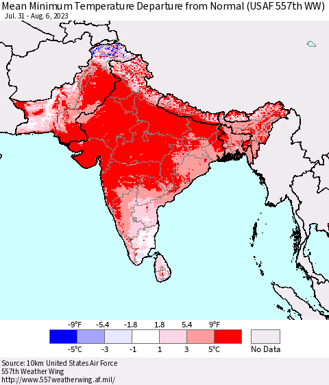 Southern Asia Mean Minimum Temperature Departure from Normal (USAF 557th WW) Thematic Map For 7/31/2023 - 8/6/2023