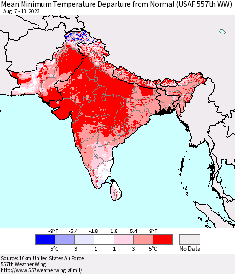 Southern Asia Mean Minimum Temperature Departure from Normal (USAF 557th WW) Thematic Map For 8/7/2023 - 8/13/2023