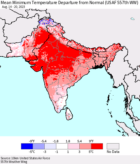 Southern Asia Mean Minimum Temperature Departure from Normal (USAF 557th WW) Thematic Map For 8/14/2023 - 8/20/2023