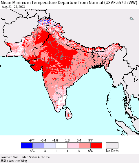 Southern Asia Mean Minimum Temperature Departure from Normal (USAF 557th WW) Thematic Map For 8/21/2023 - 8/27/2023