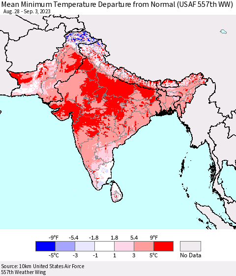 Southern Asia Mean Minimum Temperature Departure from Normal (USAF 557th WW) Thematic Map For 8/28/2023 - 9/3/2023