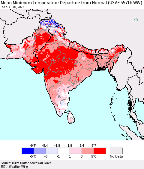 Southern Asia Mean Minimum Temperature Departure from Normal (USAF 557th WW) Thematic Map For 9/4/2023 - 9/10/2023