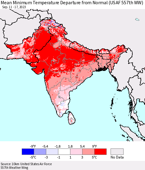 Southern Asia Mean Minimum Temperature Departure from Normal (USAF 557th WW) Thematic Map For 9/11/2023 - 9/17/2023