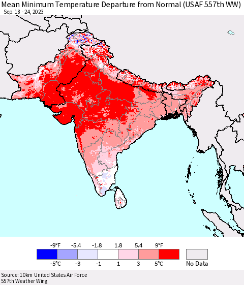 Southern Asia Mean Minimum Temperature Departure from Normal (USAF 557th WW) Thematic Map For 9/18/2023 - 9/24/2023
