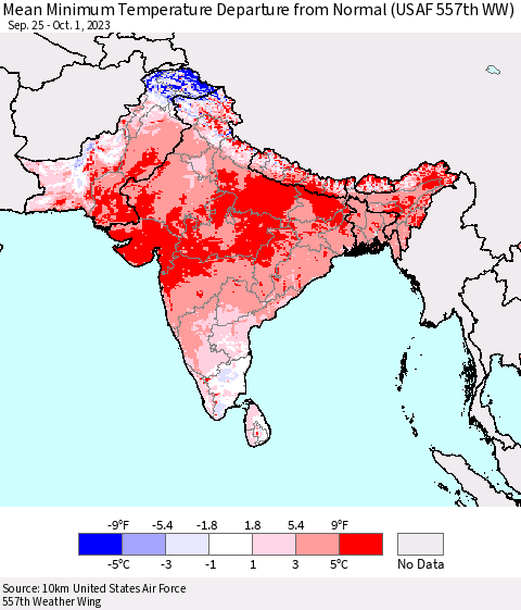 Southern Asia Mean Minimum Temperature Departure from Normal (USAF 557th WW) Thematic Map For 9/25/2023 - 10/1/2023
