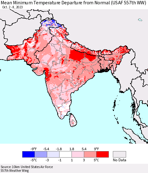 Southern Asia Mean Minimum Temperature Departure from Normal (USAF 557th WW) Thematic Map For 10/2/2023 - 10/8/2023