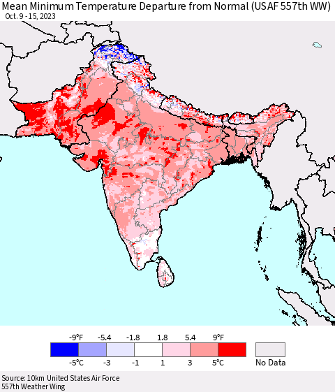 Southern Asia Mean Minimum Temperature Departure from Normal (USAF 557th WW) Thematic Map For 10/9/2023 - 10/15/2023