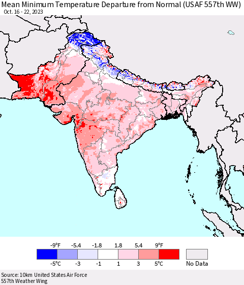 Southern Asia Mean Minimum Temperature Departure from Normal (USAF 557th WW) Thematic Map For 10/16/2023 - 10/22/2023