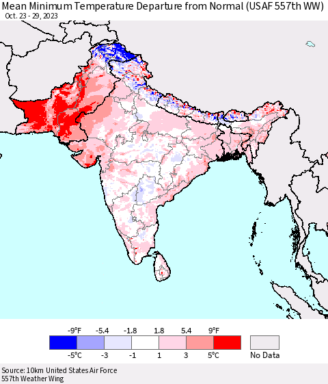 Southern Asia Mean Minimum Temperature Departure from Normal (USAF 557th WW) Thematic Map For 10/23/2023 - 10/29/2023
