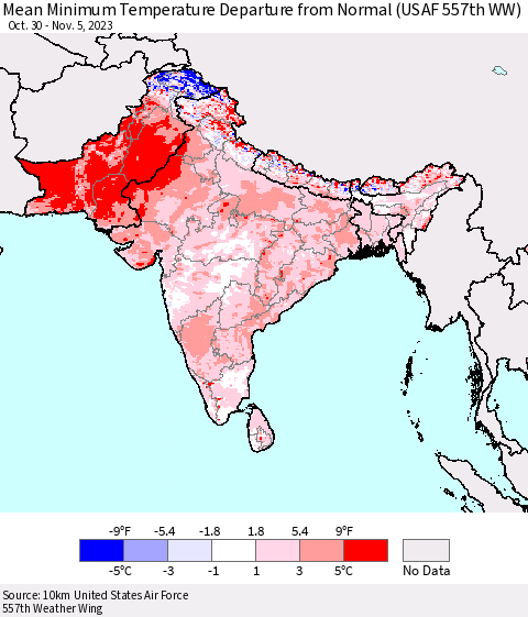 Southern Asia Mean Minimum Temperature Departure from Normal (USAF 557th WW) Thematic Map For 10/30/2023 - 11/5/2023