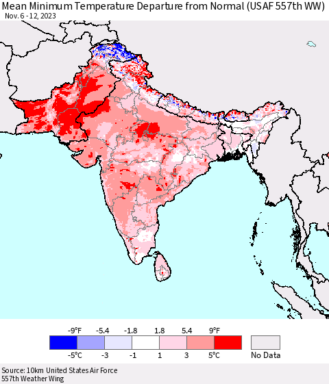 Southern Asia Mean Minimum Temperature Departure from Normal (USAF 557th WW) Thematic Map For 11/6/2023 - 11/12/2023