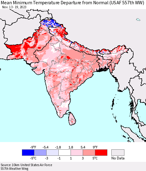 Southern Asia Mean Minimum Temperature Departure from Normal (USAF 557th WW) Thematic Map For 11/13/2023 - 11/19/2023