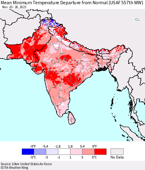 Southern Asia Mean Minimum Temperature Departure from Normal (USAF 557th WW) Thematic Map For 11/20/2023 - 11/26/2023