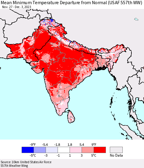 Southern Asia Mean Minimum Temperature Departure from Normal (USAF 557th WW) Thematic Map For 11/27/2023 - 12/3/2023