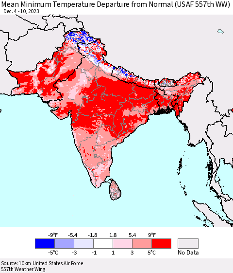Southern Asia Mean Minimum Temperature Departure from Normal (USAF 557th WW) Thematic Map For 12/4/2023 - 12/10/2023