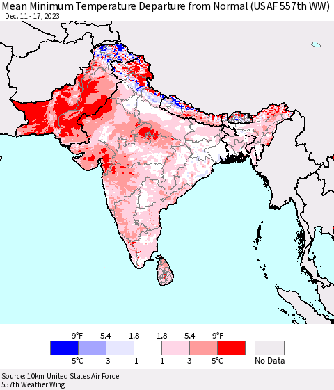 Southern Asia Mean Minimum Temperature Departure from Normal (USAF 557th WW) Thematic Map For 12/11/2023 - 12/17/2023