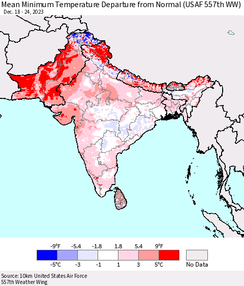 Southern Asia Mean Minimum Temperature Departure from Normal (USAF 557th WW) Thematic Map For 12/18/2023 - 12/24/2023