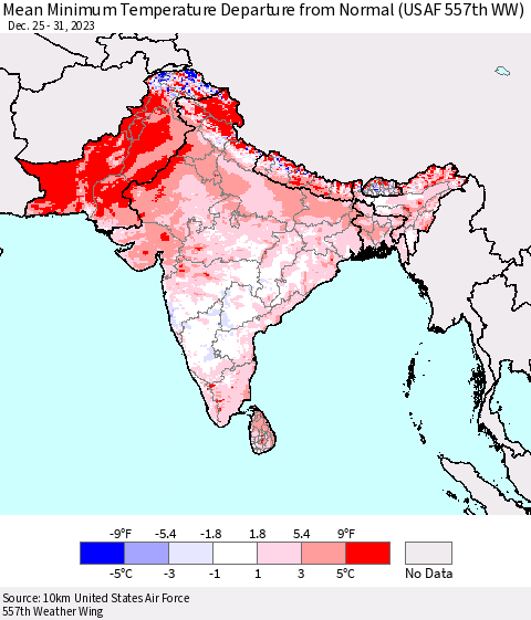 Southern Asia Mean Minimum Temperature Departure from Normal (USAF 557th WW) Thematic Map For 12/25/2023 - 12/31/2023