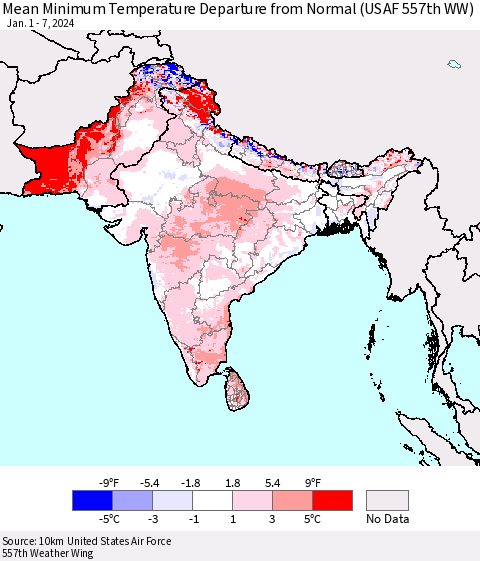 Southern Asia Mean Minimum Temperature Departure from Normal (USAF 557th WW) Thematic Map For 1/1/2024 - 1/7/2024