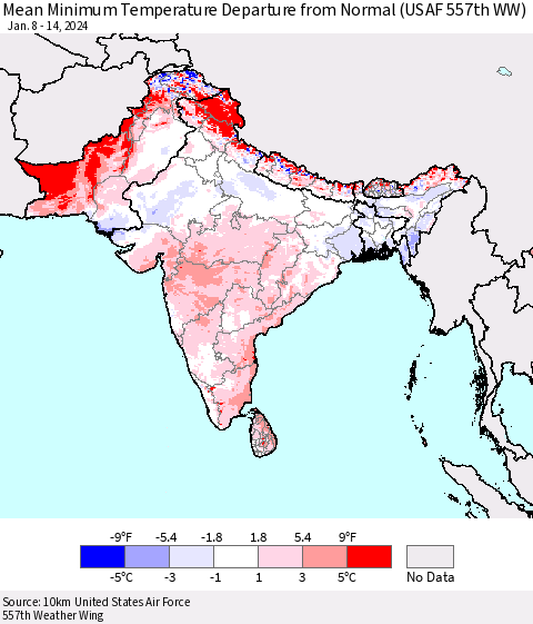Southern Asia Mean Minimum Temperature Departure from Normal (USAF 557th WW) Thematic Map For 1/8/2024 - 1/14/2024