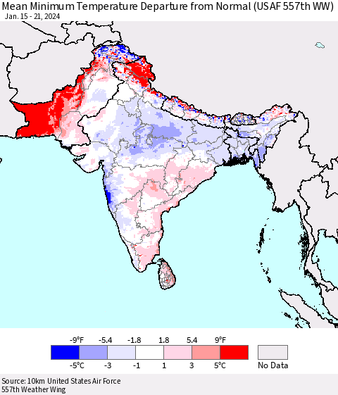 Southern Asia Mean Minimum Temperature Departure from Normal (USAF 557th WW) Thematic Map For 1/15/2024 - 1/21/2024