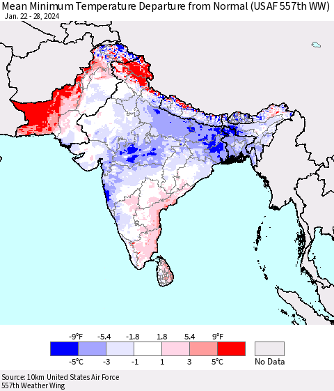 Southern Asia Mean Minimum Temperature Departure from Normal (USAF 557th WW) Thematic Map For 1/22/2024 - 1/28/2024